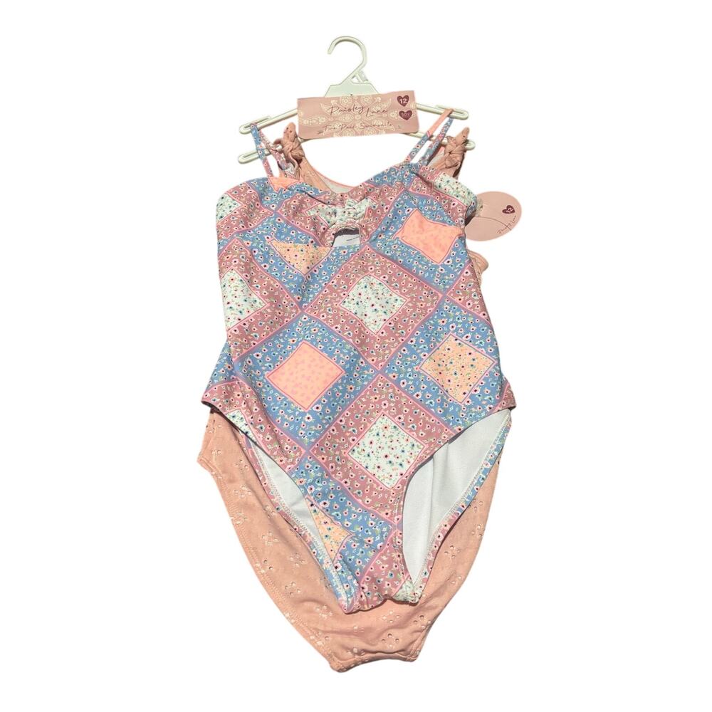 Paisley lane 12 2
Pack of swimsuits solid pink eyelet & patchwork blue nwt